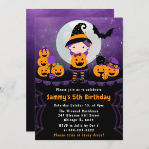 Invitation Jolie fête d'anniversaire Halloween sorcière et Ci