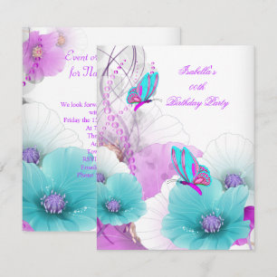 Invitation Jolie Fête d'anniversaire Papillon Floral Turquois
