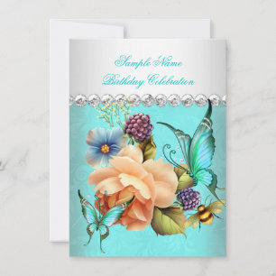 Invitation Jolie Fête d'Anniversaire Papillons Roses Turquois