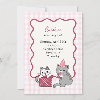 Invitation Jolie Fête d'Anniversaire pour Enfant au Chat Rose
