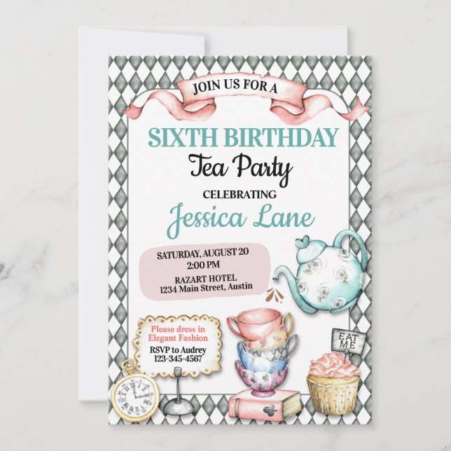Invitation Jolie fête d'anniversaire pour le thé (Devant)