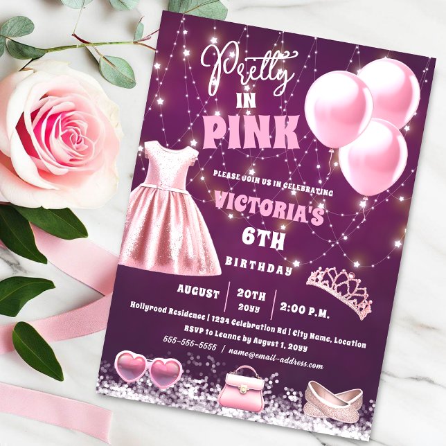 Invitation Jolie fête d'anniversaire rose (Pretty in pink young girl's birthday party invitation with girly pink fashion and accessories.)