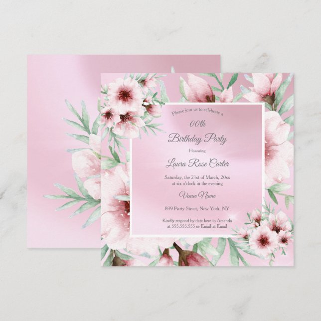 Invitation Jolie fête d'anniversaire rose floral blanc (Devant / Derrière)