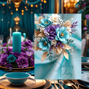 Invitation Jolie fête d'anniversaire soie Turquoise violet fl