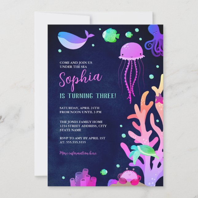 Invitation Jolie fête d'anniversaire sous la mer  (Devant)