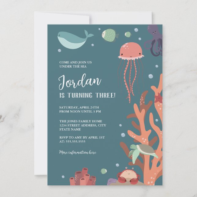 Invitation Jolie fête d'anniversaire sous la mer  (Devant)