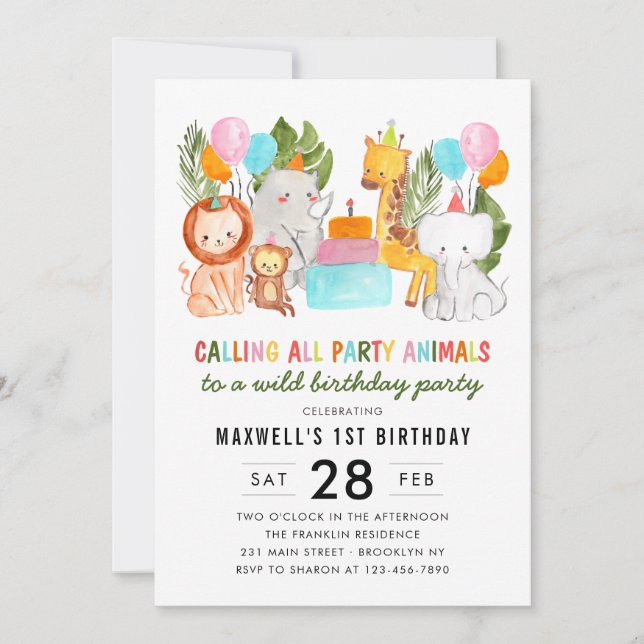 Invitation Jolie fête d'anniversaire sur le thème des animaux (Devant)