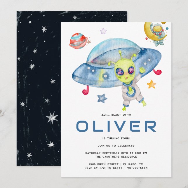 Invitation Jolie fête d'anniversaire sur l'espace avec un OVN (Devant / Derrière)