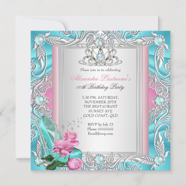 Invitation Jolie fête d'anniversaire Turquoise rose Rose haut (Devant)