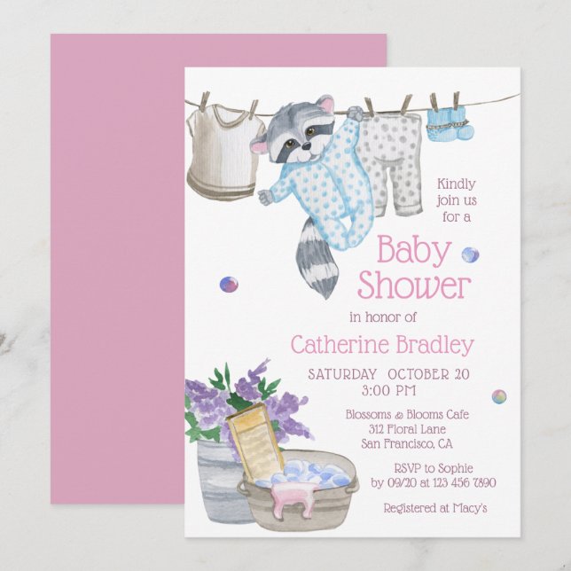 Invitation Jolie Fête de Bébé au Jour de Lessive avec Raton L (Devant / Derrière)