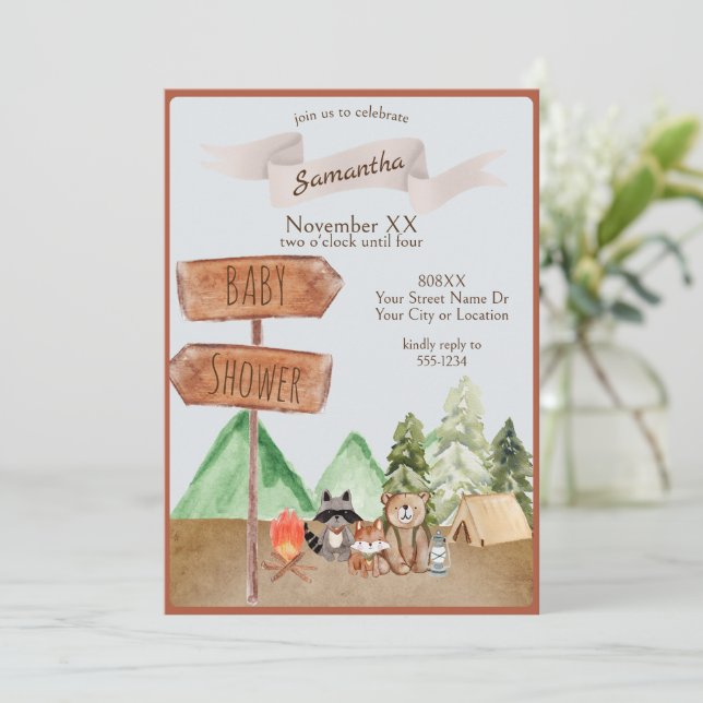 Invitation Jolie Fête de Bébé Camping Animaux de la Forêt (Debout devant)