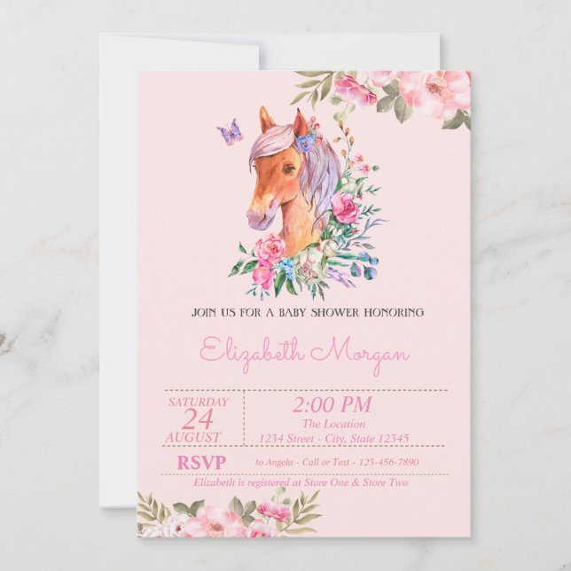 Invitation Jolie Fête de Bébé Florale Poney (Devant)