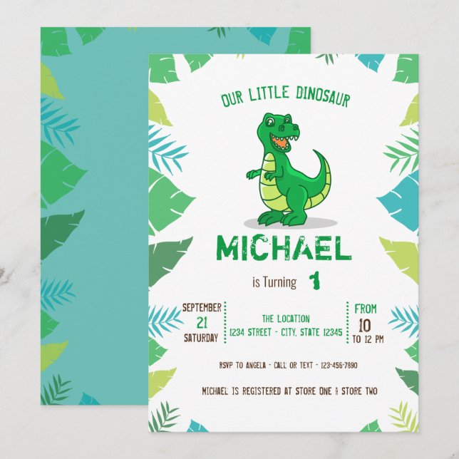 Invitation Jolie Fête de Bébé Garçon Petit Dinosaure (Devant / Derrière)