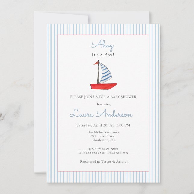 Invitation Jolie fête de bébé garçon sur le thème de bateau n (Devant)