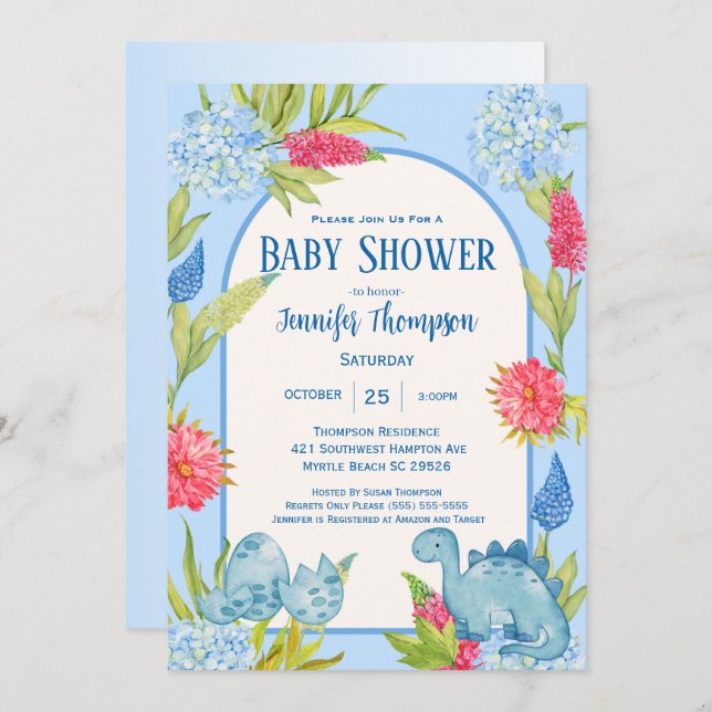 Invitation Jolie Fête de Bébé Maman Dino Floral Mignon Oeuf (Devant / Derrière)