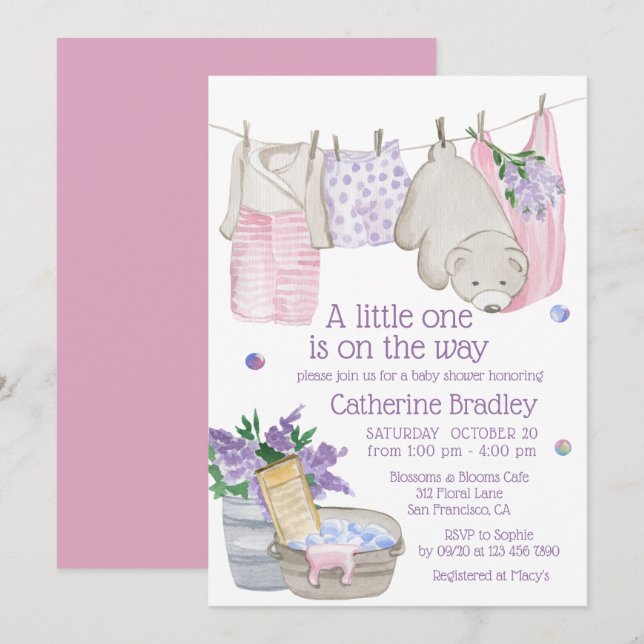 Invitation Jolie Fête de Bébé Ourson Jour de Lessive (Devant / Derrière)