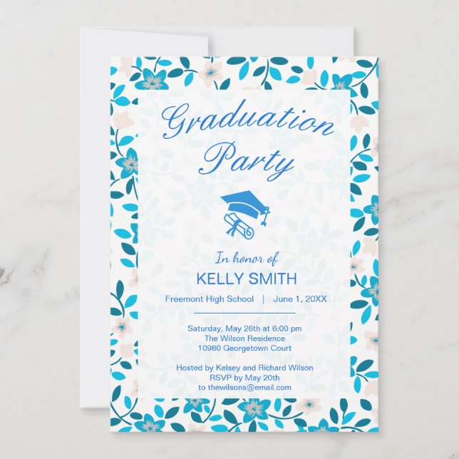 Invitation Jolie fête de graduation de printemps bleu bleu bl (Devant)