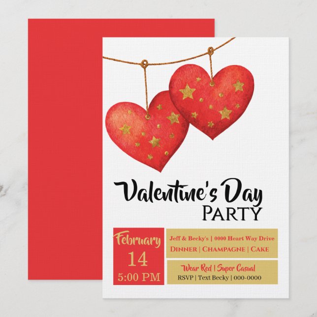 Invitation Jolie fête de la Saint-Valentin avec des cœurs rou (Devant / Derrière)