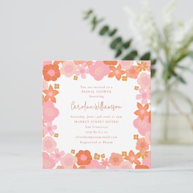 Invitation Jolie Fête de Mariage avec Bordure Florale Rose et (Debout devant)
