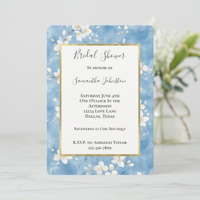 Invitation Jolie Fête de Mariage Fleurs Blanches Bleu Ciel (Debout devant)