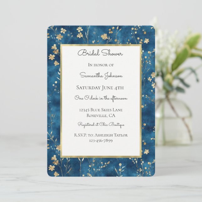 Invitation Jolie Fête de Mariage Fleurs Bleu Or (Debout devant)