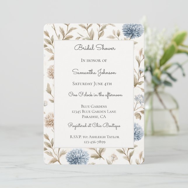 Invitation Jolie Fête de Mariage Fleurs Bleues Crème  (Debout devant)