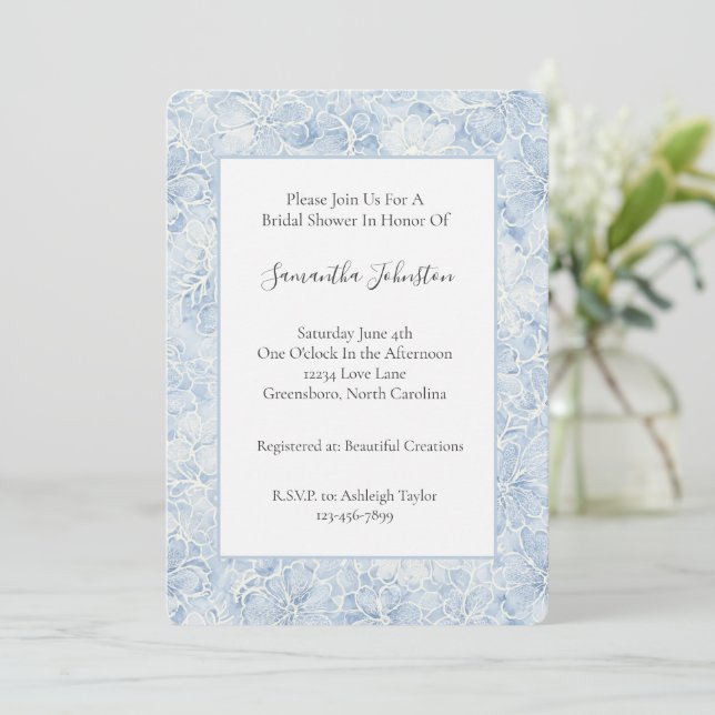 Invitation Jolie Fête de Mariage Florale Bleue Blanche   (Debout devant)