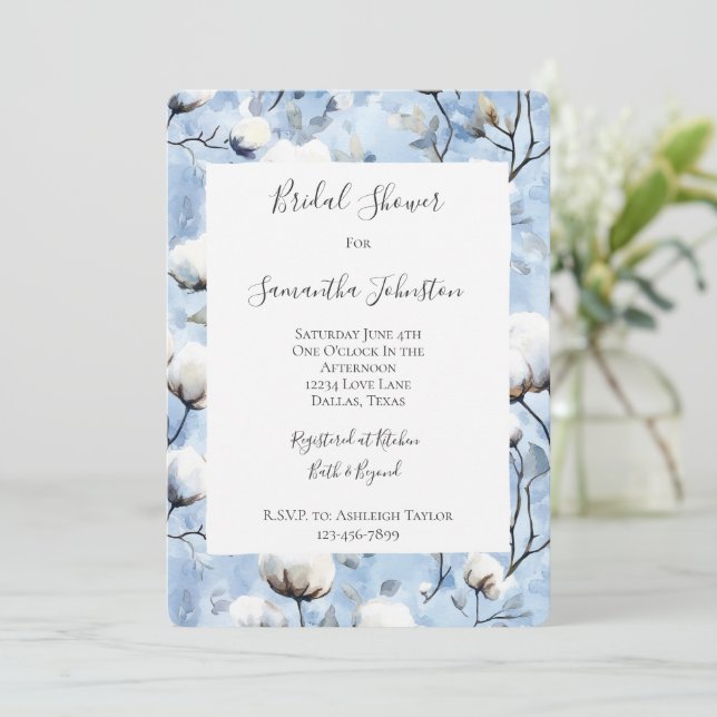 Invitation Jolie Fête de Mariage Florale Bleue Clair Blanche (Debout devant)