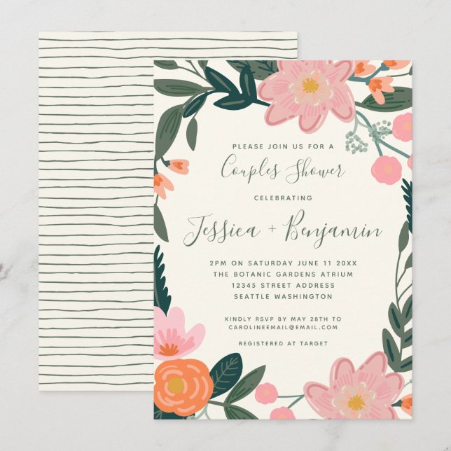 Invitation Jolie Fête de Mariage Florale de Jardin Rose pour  (Devant / Derrière)