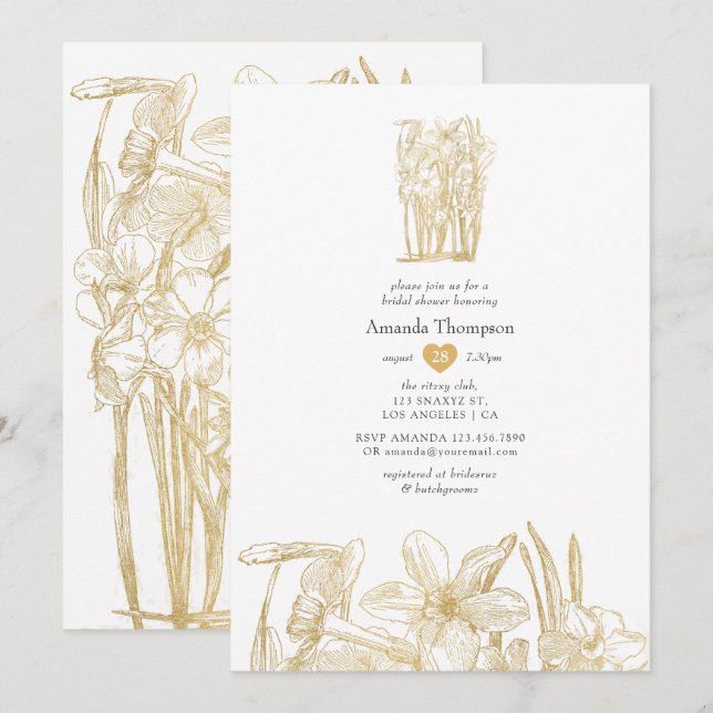 Invitation Jolie Fête de Mariage Florale en Or (Devant / Derrière)