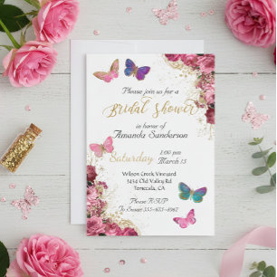 Invitation Jolie Fête de Mariée Chic Fleur Papillon Rose