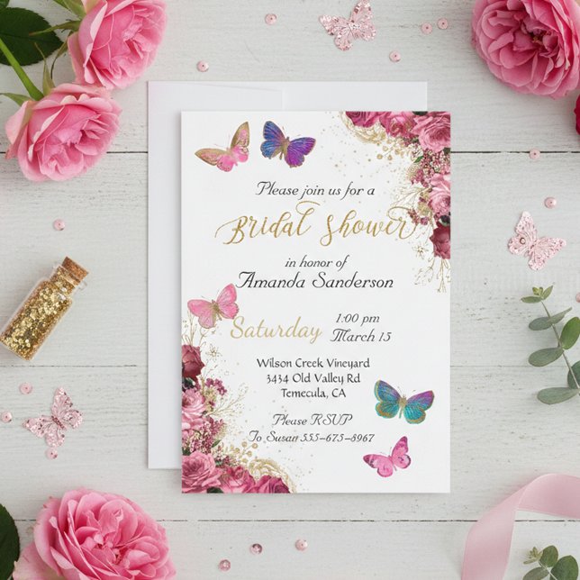 Invitation Jolie Fête de Mariée Chic Fleur Papillon Rose (Créateur téléchargé)