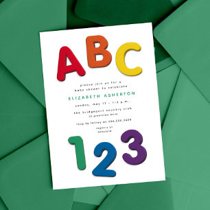 Invitation Jolie fête de naissance ABC 123 colorée et neutre