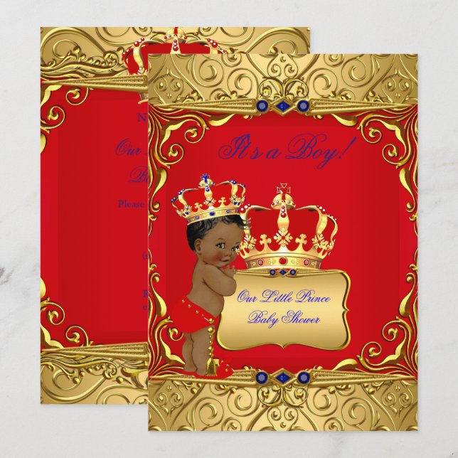 Invitation Jolie Fête de Naissance Bébé Garçon Ethnique Rouge (Devant / Derrière)