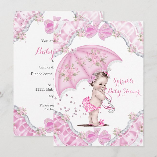 Invitation Jolie Fête de Naissance Fille Parapluie Rose Fleur (Devant / Derrière)