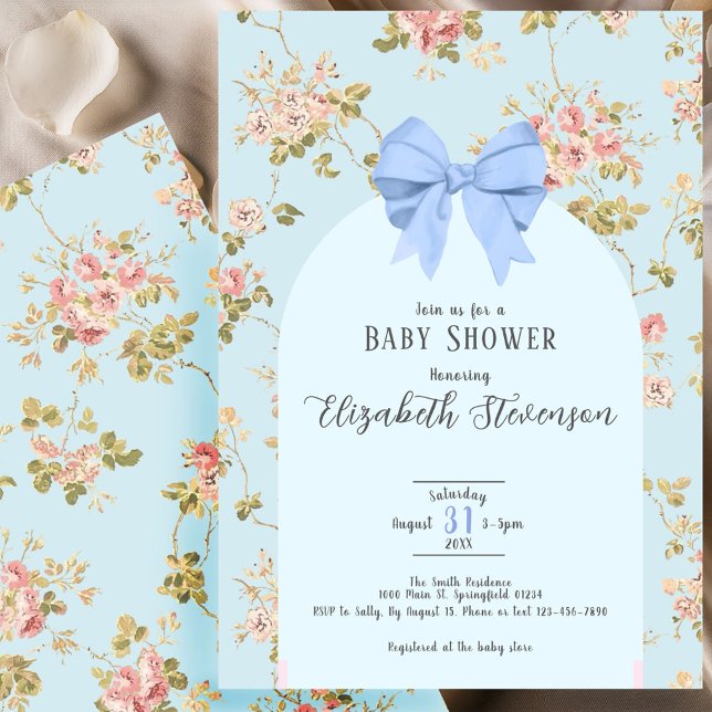 Invitation Jolie Fête de Naissance Fleurs Roses Ruban Bleu (Créateur téléchargé)