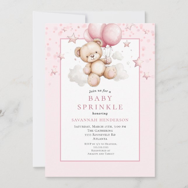 Invitation Jolie fête de naissance Ourson avec ballons roses (Devant)