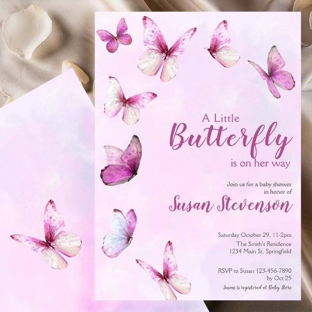 Invitation Jolie Fête de Naissance Papillon Rose Bébé Fille (Créateur téléchargé)