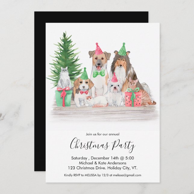 Invitation Jolie fête de Noël Animaux Chien Chat Chiot Chien  (Devant / Derrière)