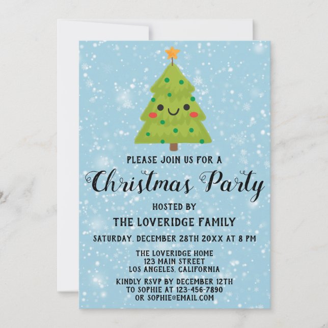 Invitation Jolie fête de Noël arbre vert neige bleue (Devant)