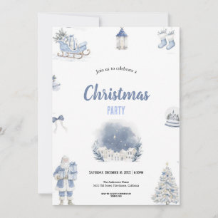 Invitation Jolie fête de Noël bleu et blanc à l'aquarelle