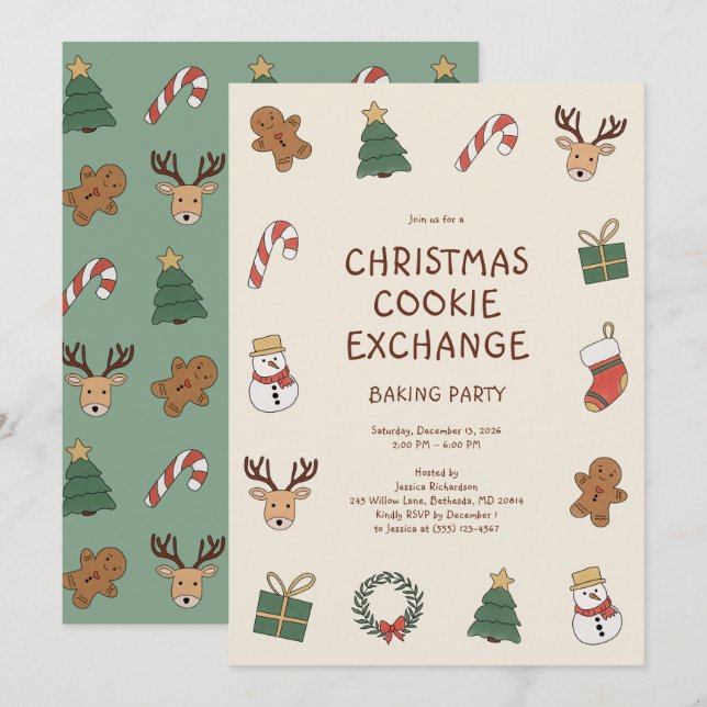 Invitation Jolie fête d'échange de biscuits de Noël festive (Devant / Derrière)
