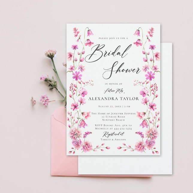 Invitation Jolie Fête des mariées Boho Fleur sauvage rose (pretty in pink wildflowers boho frame bridal shower invitation elegant rustic romantic feminine)