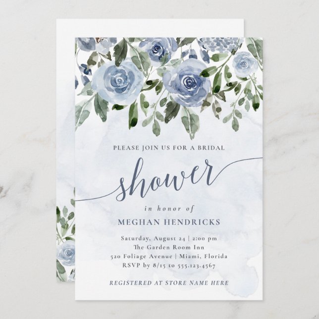 Invitation Jolie Fête des mariées d'aquarelle bleu foncé (Devant / Derrière)