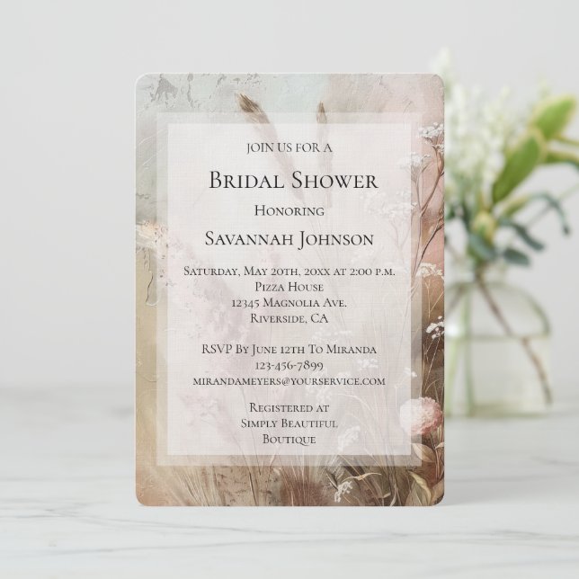 Invitation Jolie Fête des mariées florale Boho Beige Blush (Debout devant)