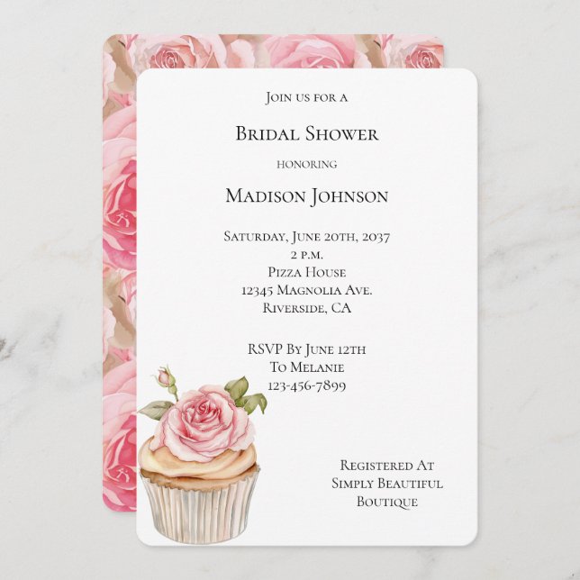 Invitation Jolie Fête des mariées Rose Cupcake (Devant / Derrière)
