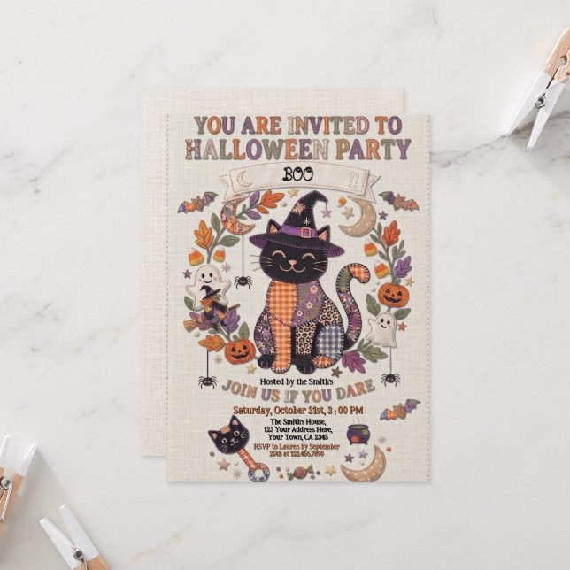 Invitation Jolie Fête d'Halloween au Chat Noir Patchwork (Devant/Arrière en situation)