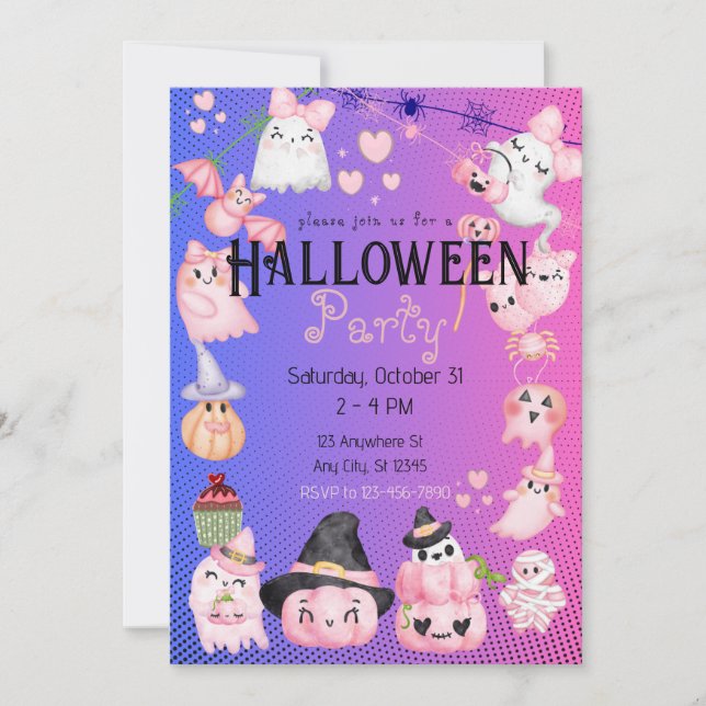 Invitation Jolie fête d'Halloween Enfants Kawaii rose (Devant)