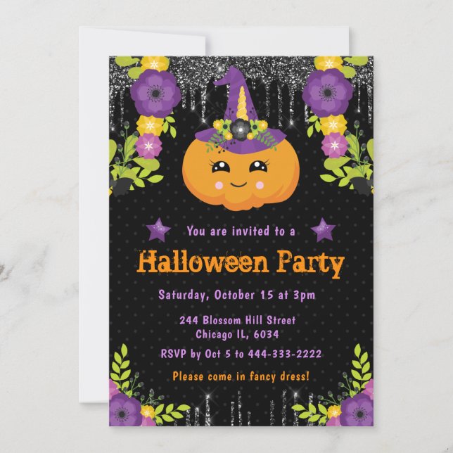 Invitation Jolie fête d'Halloween florale de citrouille (Devant)
