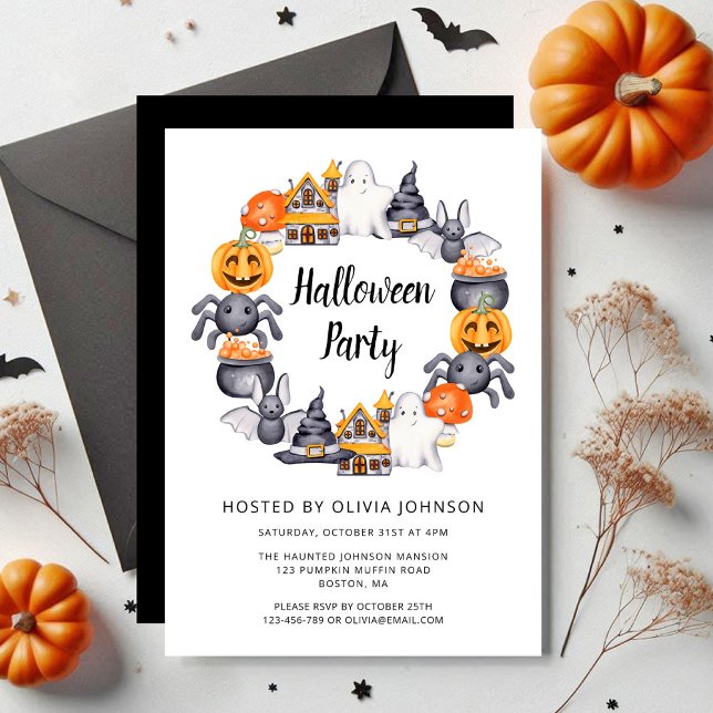 Invitation Jolie fête d'Halloween noir (Cute Black Happy Halloween Illustration Party Invitation)
